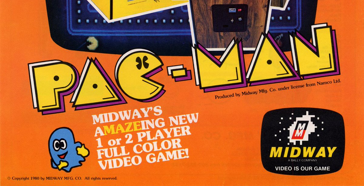 A detail to notice: The original Puck-Man logo does NOT have eyes in the letter C. The Midway arcade flyer seems to have added those eyes for the first time. (Though not on the Midway arcade marquee.) From then on, the C with eyes appears often on many 1980s licensed products.
