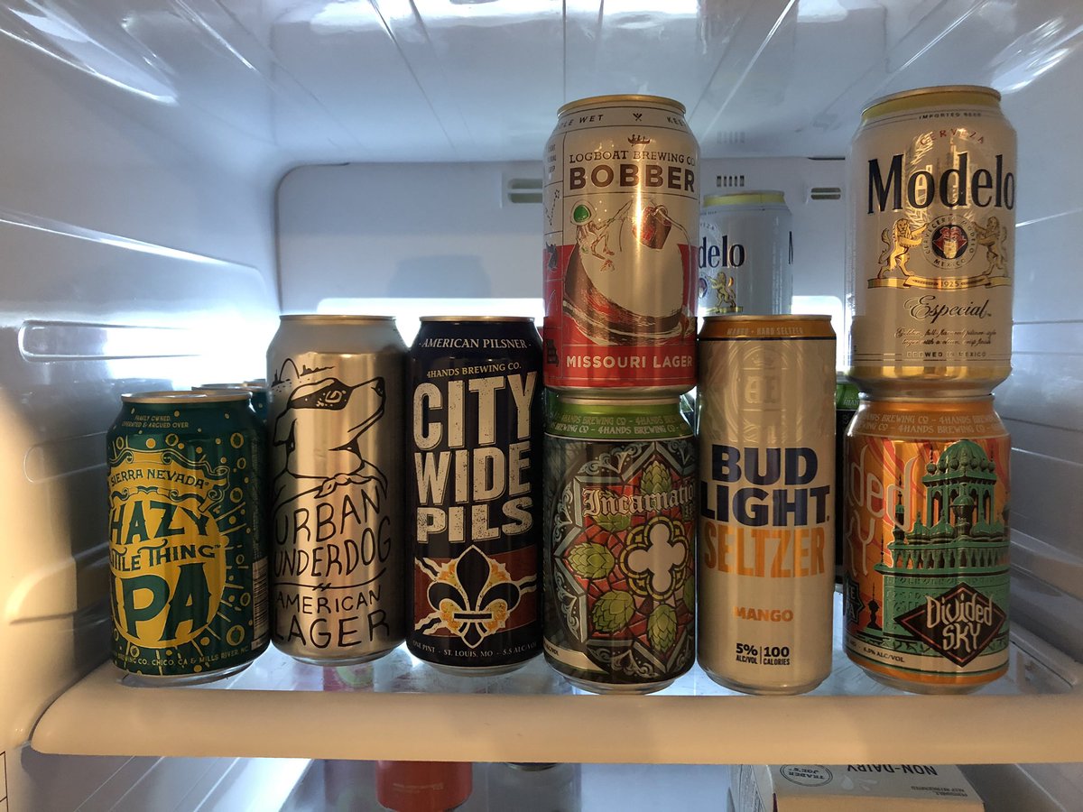 jordacular's tweet photo. All bottles and anything much over 7% has been consumed in the last 3 weeks. Last ones standing are a pretty even distribution of these standbys.
Special thanks to @4HandsBrewingCo @urbanchestnut and @LogboatBrewing for helping me #stayhomeMO https://t.co/BY4QKByyBi