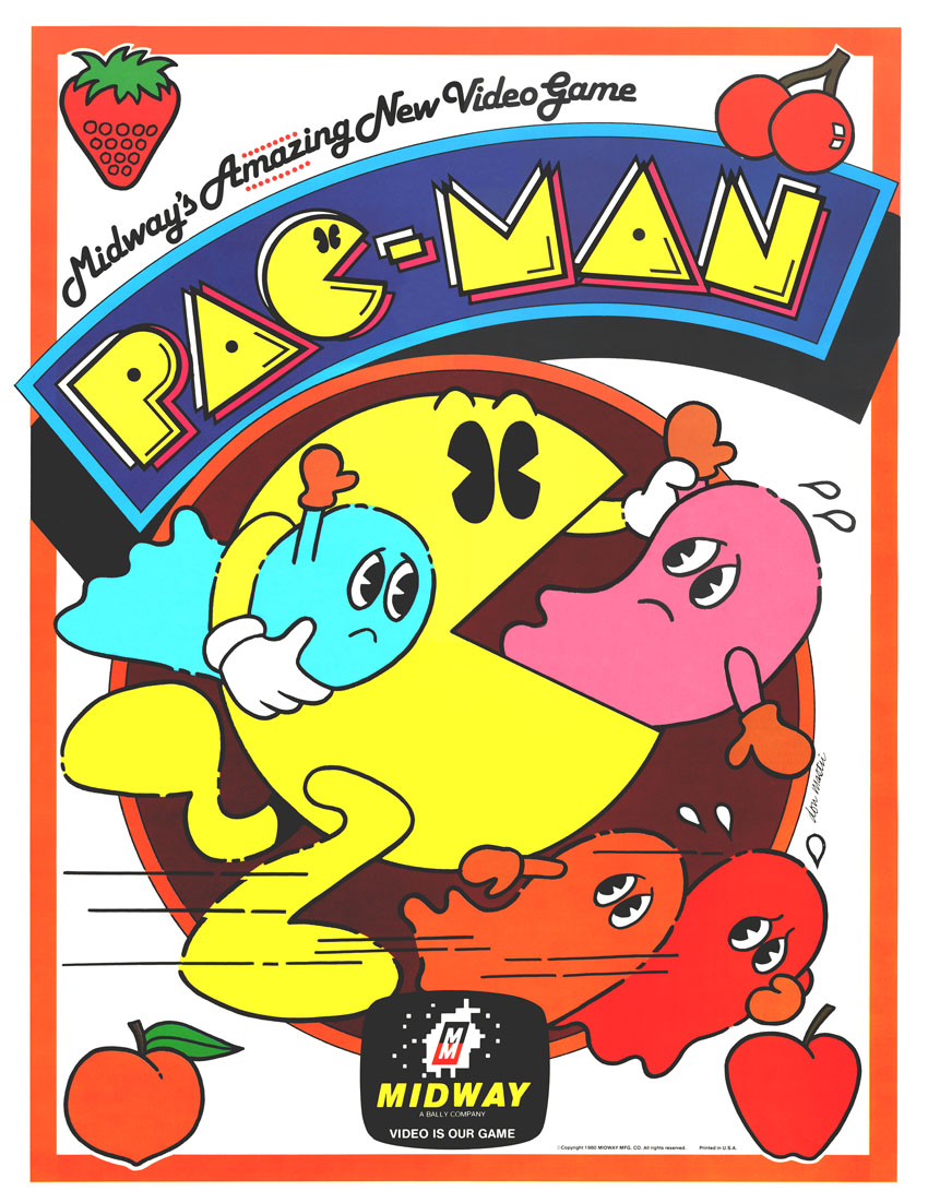 A detail to notice: The original Puck-Man logo does NOT have eyes in the letter C. The Midway arcade flyer seems to have added those eyes for the first time. (Though not on the Midway arcade marquee.) From then on, the C with eyes appears often on many 1980s licensed products.