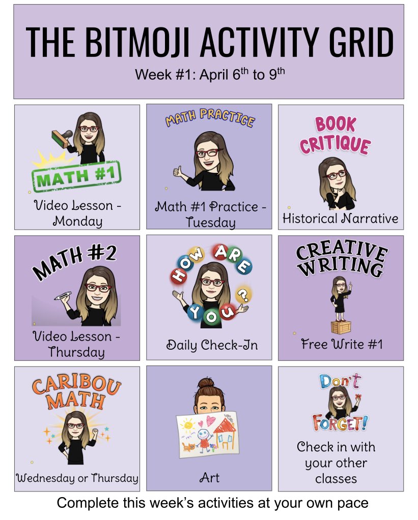 Inspired by my Twitter PLN, esp  @tina_zita and  @MmeCoulson, I’ve created my 1st Bitmoji Activity Grid for my Gr7s  #DistanceLearning. Ss can easily access all of the necessary links for the week with just a click of a button. Next week I hope to add more rotary Ts to the grid.