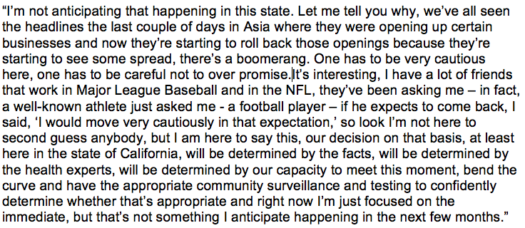 LindseyThiry's tweet photo. California Governor Gavin Newsom's full response when asked if he anticipated the NFL to open in August or September with full stadiums: https://t.co/5gpk76kfsH