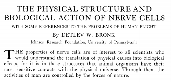 As a part of this research, Bronk published this rather unique report in 1946 which includes descriptions about the impact of oxygen on neurons as well as a rather philosophical discussion about the intersection of technology & the human body. ( https://www.jstor.org/stable/29773642 )