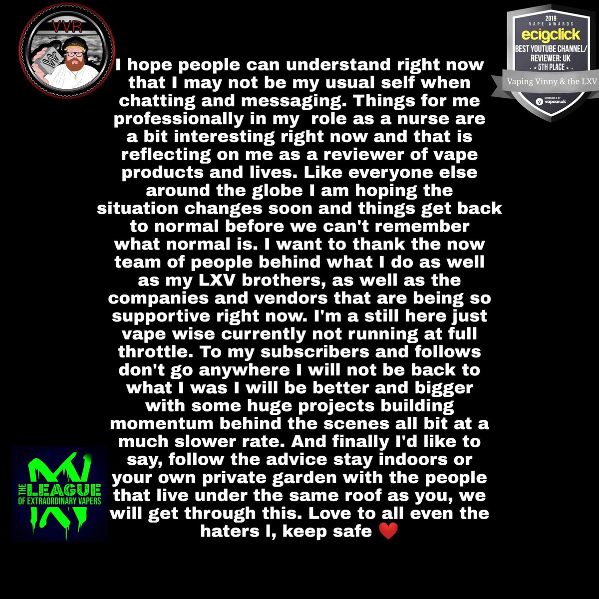 VapingVinny's tweet photo. I hope people can understand this right now and thank you #vape #vapeworldwide #vapeworld #vapefam #vapeon #vapedaily #vapearmy #vapecrew #vapeunity #vapes #vapelyfe #vapecommunity #vapersunite #vapeadvovacy #vapesociety #nurselife #WeWillGetThroughThisTogether #vapingsaveslives https://t.co/iLpq0ujVV5