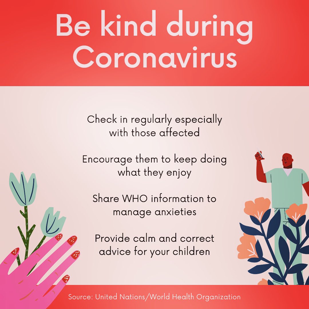 GraceIntegrated's tweet photo. Some tips from United Nations/World Health Organization about #kindness during #Coronavirus since we’re #AllInThisTogether #GraceIntegrated https://t.co/sCuc4WitDb