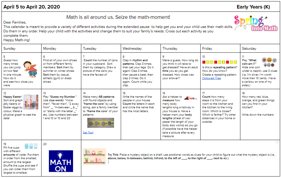 DucPetra's tweet photo. 🆕Math-at-Home Calendars grades K to 7/8 Available (Apr. 5- Apr. 20 scroll down to pg 2 in each grade doc. to access activities) https://t.co/iYRuowUt2z let's continue to 🌼Spring into Math! (⤴️Note: these are "view only" docs.) #WCDSBAwesome @WCDSBNewswire #wcdsbmath https://t.co/6h8D6l3Ikf