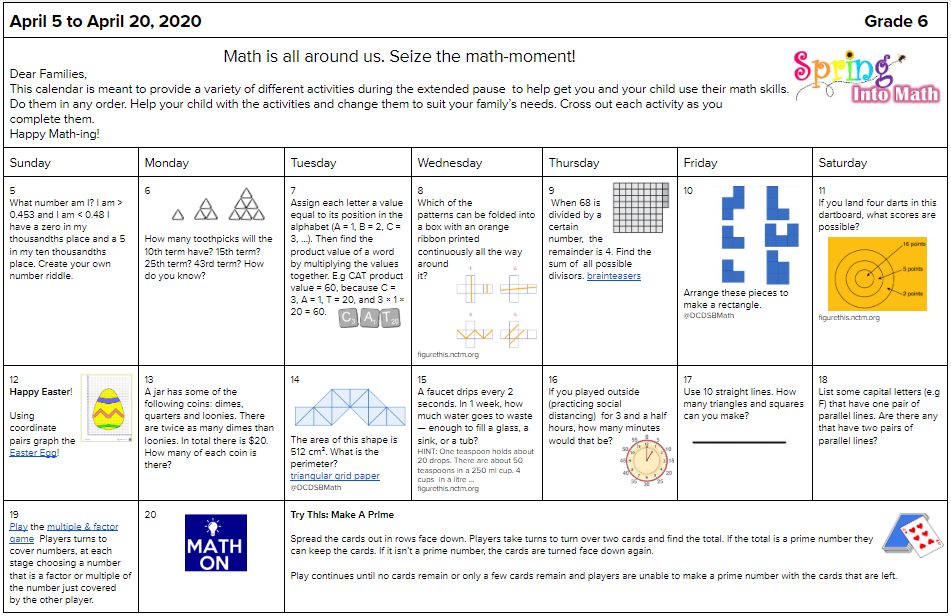 DucPetra's tweet photo. 🆕Math-at-Home Calendars grades K to 7/8 Available (Apr. 5- Apr. 20 scroll down to pg 2 in each grade doc. to access activities) https://t.co/iYRuowUt2z let's continue to 🌼Spring into Math! (⤴️Note: these are "view only" docs.) #WCDSBAwesome @WCDSBNewswire #wcdsbmath https://t.co/6h8D6l3Ikf