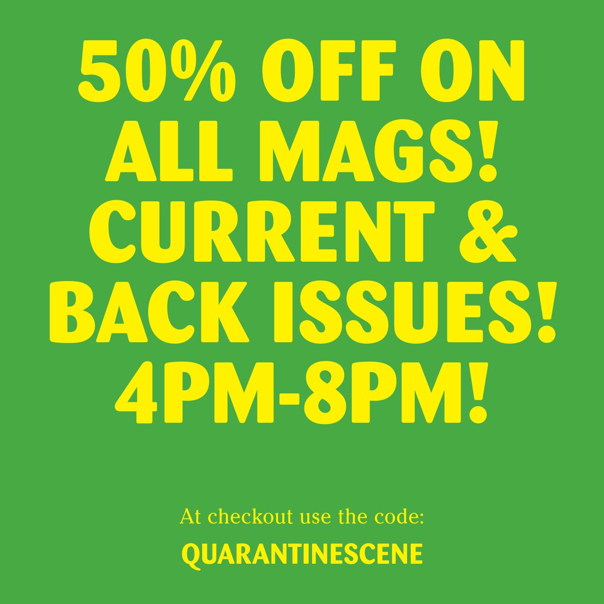 A rare day in the studio! Order the current or any back issue (or multiple!) anytime before 8PM tonight and get 50% off with the coupon code QUARANTINESCENE at check-out! putaeggonit.com/shop
