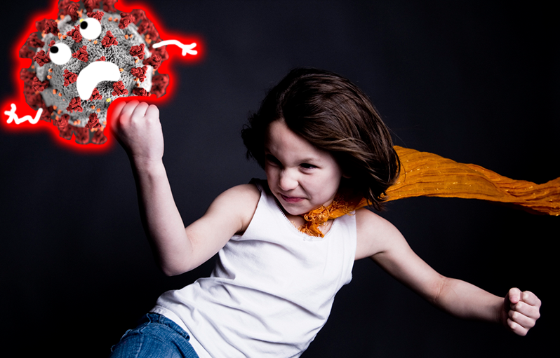 A girl in a cape punching a coronavirus COVID19 cell.
