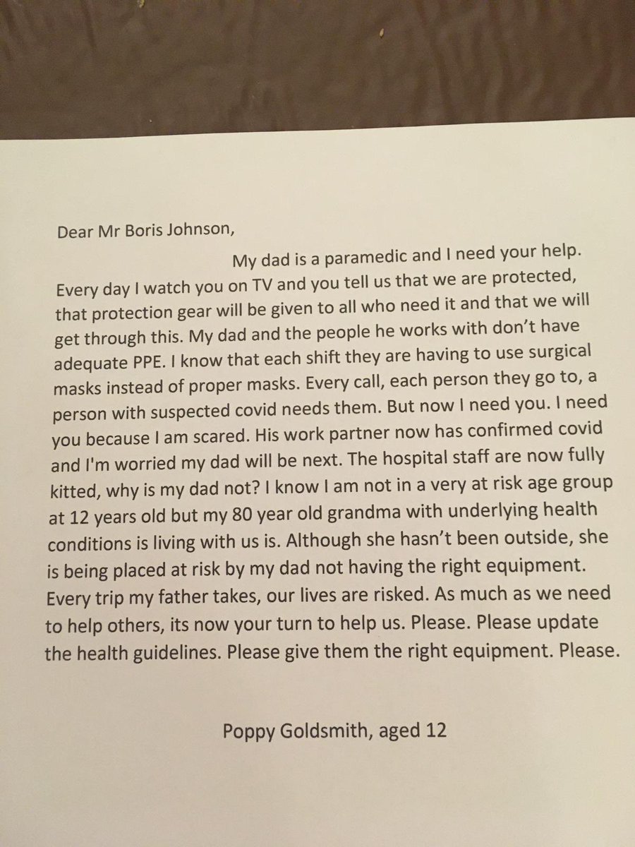 theBigWindow's tweet image. @lisanandy @jessphillips @YvetteCooperMP please retweet this - it is my goddaughter’s letter to Boris Johnson - she is a 12year old daughter of a paramedic #PPE #PPEforTheNHS #ppeforfrontliners