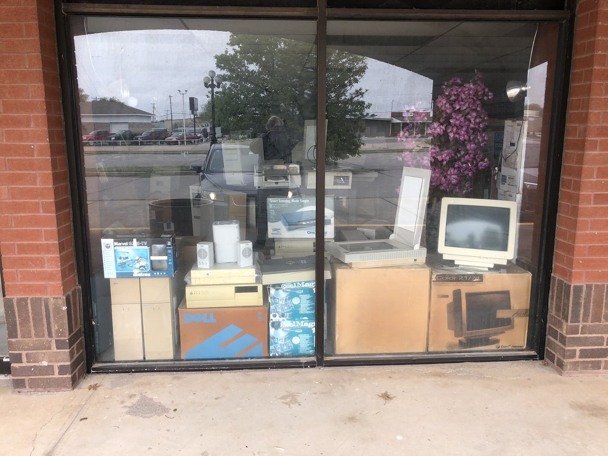  @textfiles so there is this computer shop in my hometown, it’s been there since I was a kid, this has been their window display for so many years- anyway.. the inside is full of product from the 80/90’s but it’s never open. I’ll have to take some more photos through the window.