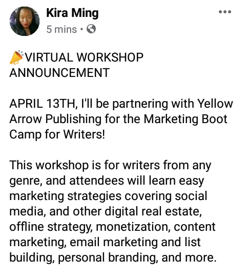 therealkiraming's tweet photo. Register below!
https://t.co/G7QtADa6F3
#author #writer #editor #magazineowner #businesscontentdeveloper #authors
#authorevents #yellowarrowpublishing #publishing #forwriters #bloggers #blogger #writeforsuccess #amwriting #writingcommunity #workshops #speaker https://t.co/ayDcj2XNW4