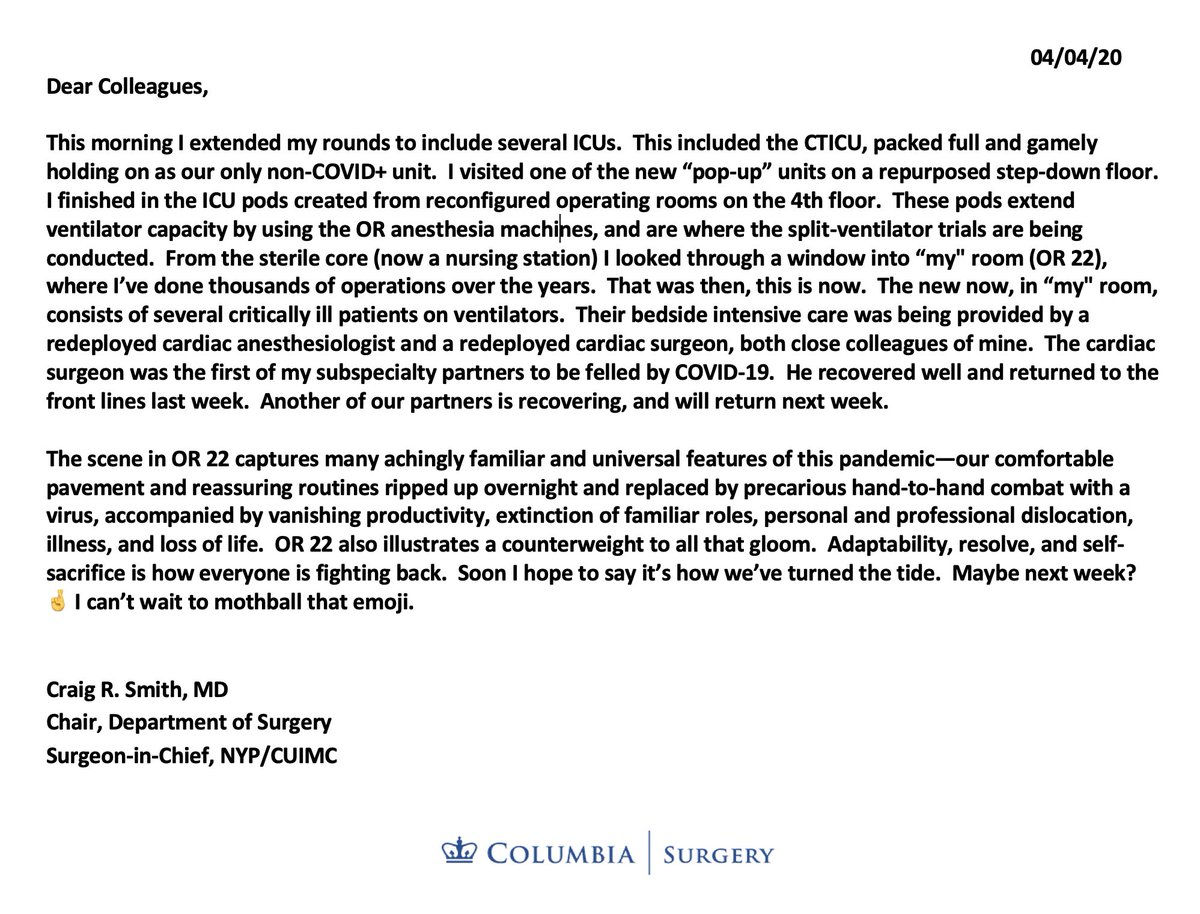 COVID-19 Update: Saturday, 4/4/20Here’s the latest missive on the  #COVID19 crisis from Dr. Craig Smith:  https://columbiasurgery.org/news/covid-19-update-dr-smith-4420