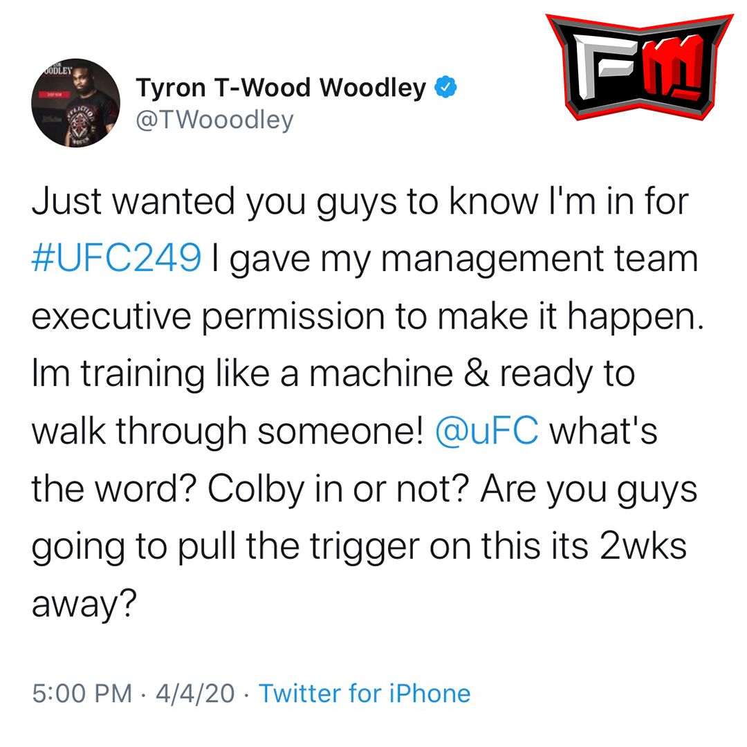 MMAFullMount's tweet image. #TyronWoodley says he’s ready to go for #UFC249. Who would you want to see him fight? 🤔👇
