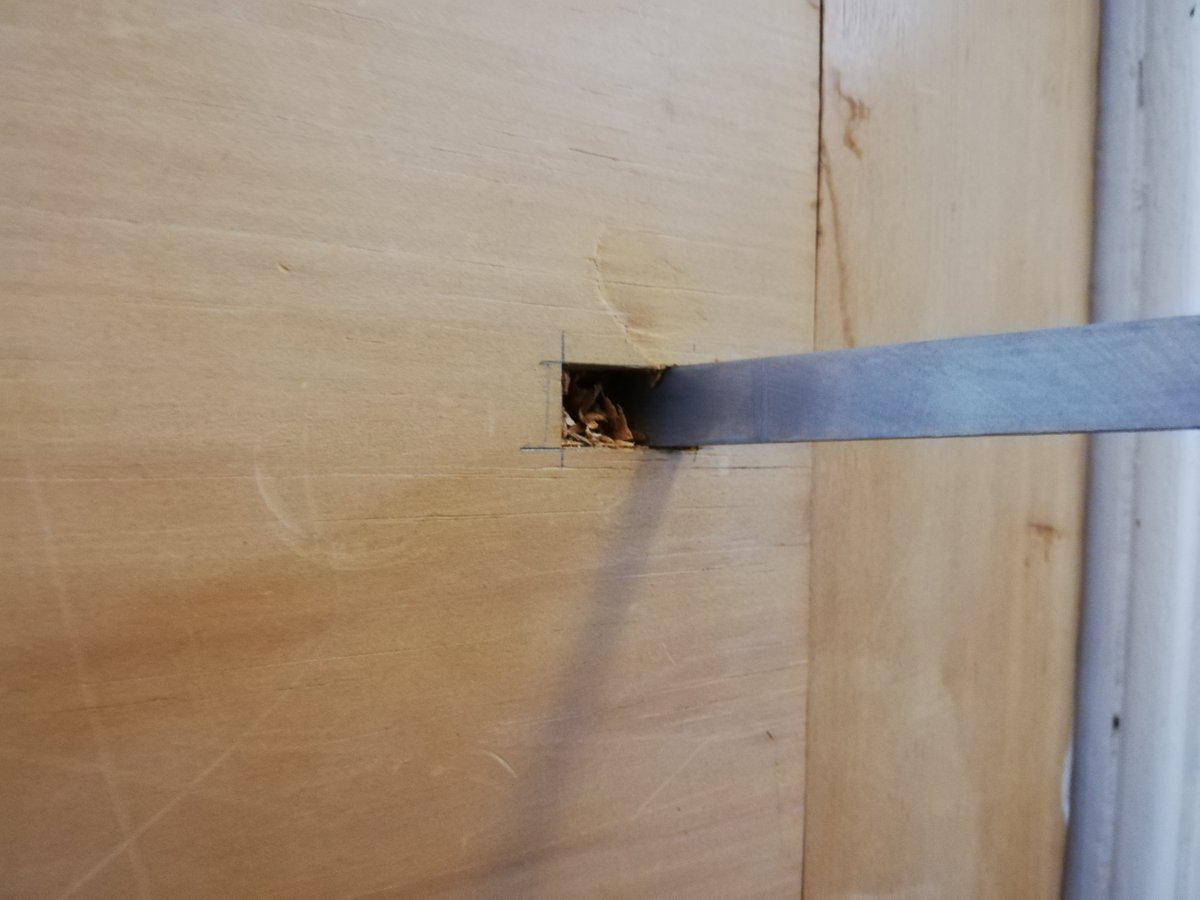 Job number 2, where big holes have been left in the door from old handles, chisel these out to known dimensions so they can be plugged up with an appropriate bit of wood that can be sanded flush. You'll be wanting a razor-sharp chisel for this unless you want another mess.