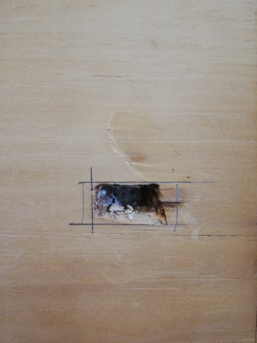 Job number 2, where big holes have been left in the door from old handles, chisel these out to known dimensions so they can be plugged up with an appropriate bit of wood that can be sanded flush. You'll be wanting a razor-sharp chisel for this unless you want another mess.