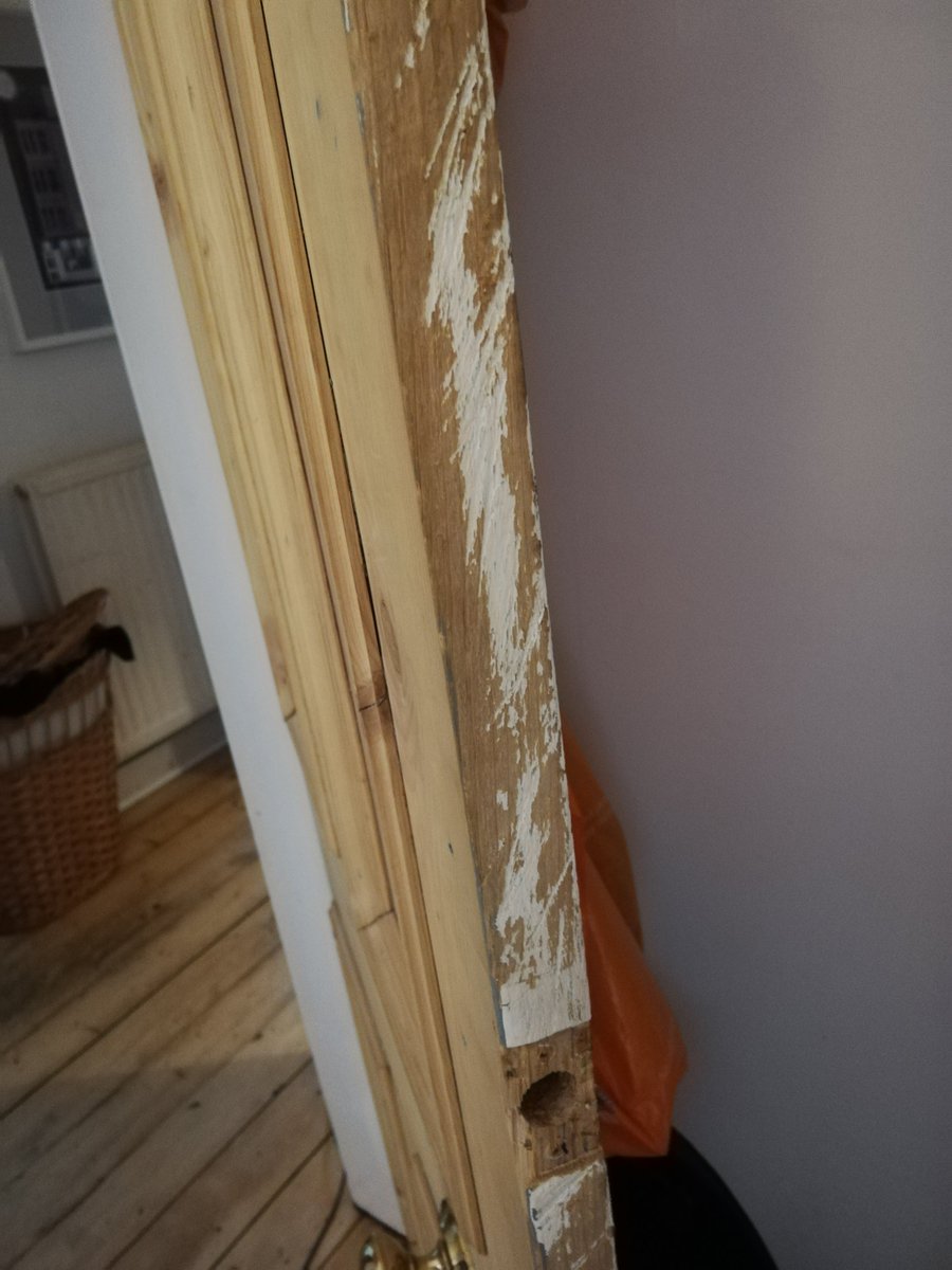 Job number 3. I'm not sure how, but many years ago, someone made a complete arse-up of slimming this door down to fit. I'm not sure what sort of badly-wielded, blunt tool managed to cause this butchery, but it's going to need planed flat.