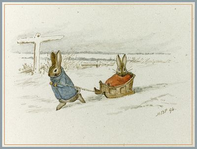 Two rabbits with a sled, by Beatrix Potter