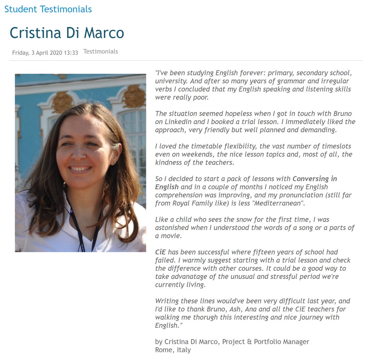 ConversingInENG's tweet image. Awesome students, awesome and picturesque testimonials! #OnlineIsSafe #Testimonials
Check out the testimonials: bit.ly/1GZuIA9
Request a FREE trial lesson: lnkd.in/d5m_i_x
#ConversationLessons #HappyStudentsAtHome #SuccessStory #EnglishConversation