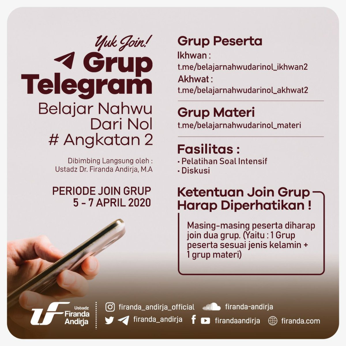 Firanda_Andirja's tweet photo. 📜 YUK JOIN GRUP TELEGRAM - BELAJAR NAHWU DARI NOL #ANGKATAN 2
.
🔴 GRUP PESERTA :
• IKHWAN : https://t.co/p3wV6kVALV
• AKHWAT : https://t.co/ryvDcUexYK
.
🔴 GRUP MATERI :
• GRUP MATERI : https://t.co/RVkIWWmC92 https://t.co/7RKz4TZ74i