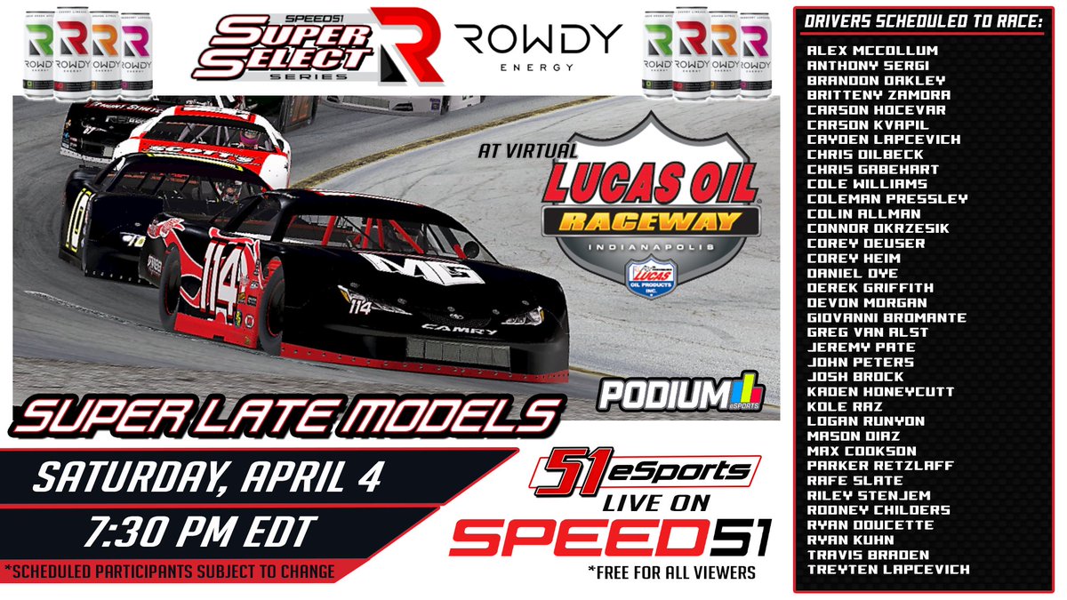 Racing Tonight at Lucas Oil Raceway. Event Starts at 7:30 on Speed51.com. @S51esports <a href="/RowdyEnergy/">Rowdy Energy</a> @speed51dotcom. #51esports #51SelectSeries