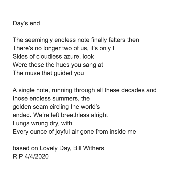 FSqueezed's tweet photo. @ApplesAndSnakes @PoetryFound For Bill Withers RIP https://t.co/JDsGHL9EBJ