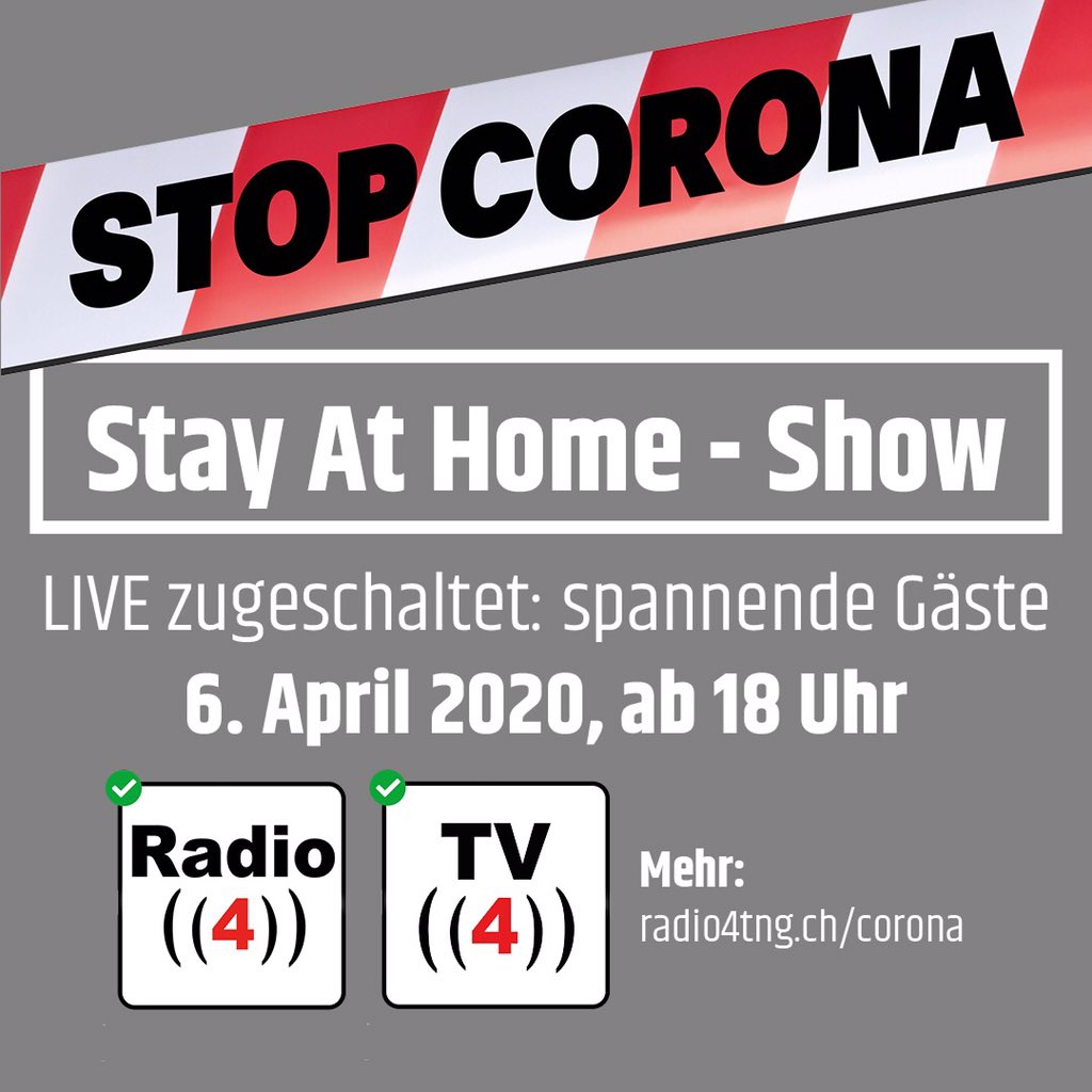 Am Montag ab 18 Uhr gibt‘s von uns die „Stay at Home-Show“ direkt in deine Stube 📻. Mit dabei: viele spannende Gäste (via Skype) und gute Musik 😊🙌🏻. Schalt ein auf <a href="/radio4tng/">Radio4TNG</a> oder <a href="/tv4tng/">TV 4 TNG</a>