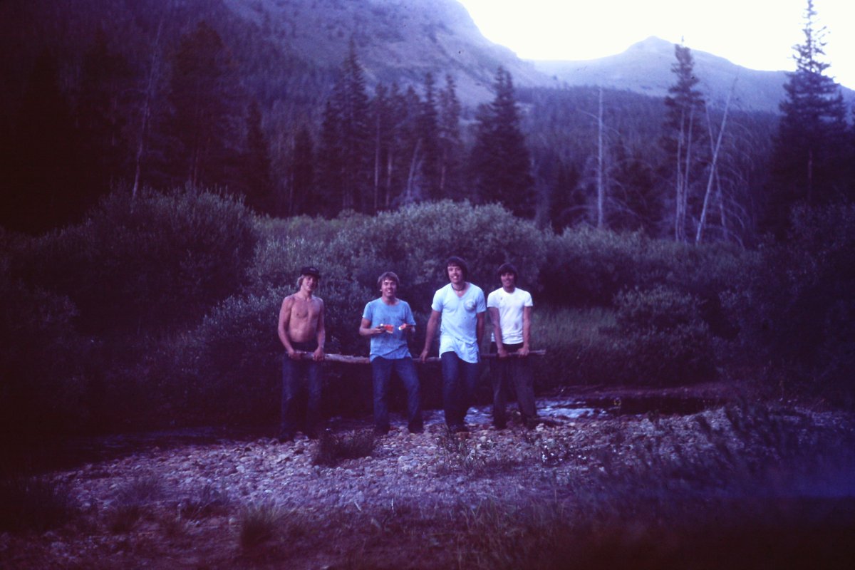 Gary's brother Duane, friend Danny, me and Gary. Camping in Colorado. We worked together for part of a summer in '76 on removing a section of diseased pine in the Big Thompson canyon. Gary & his family barely made it out alive on July 31--the flash flood that killed 143 people.