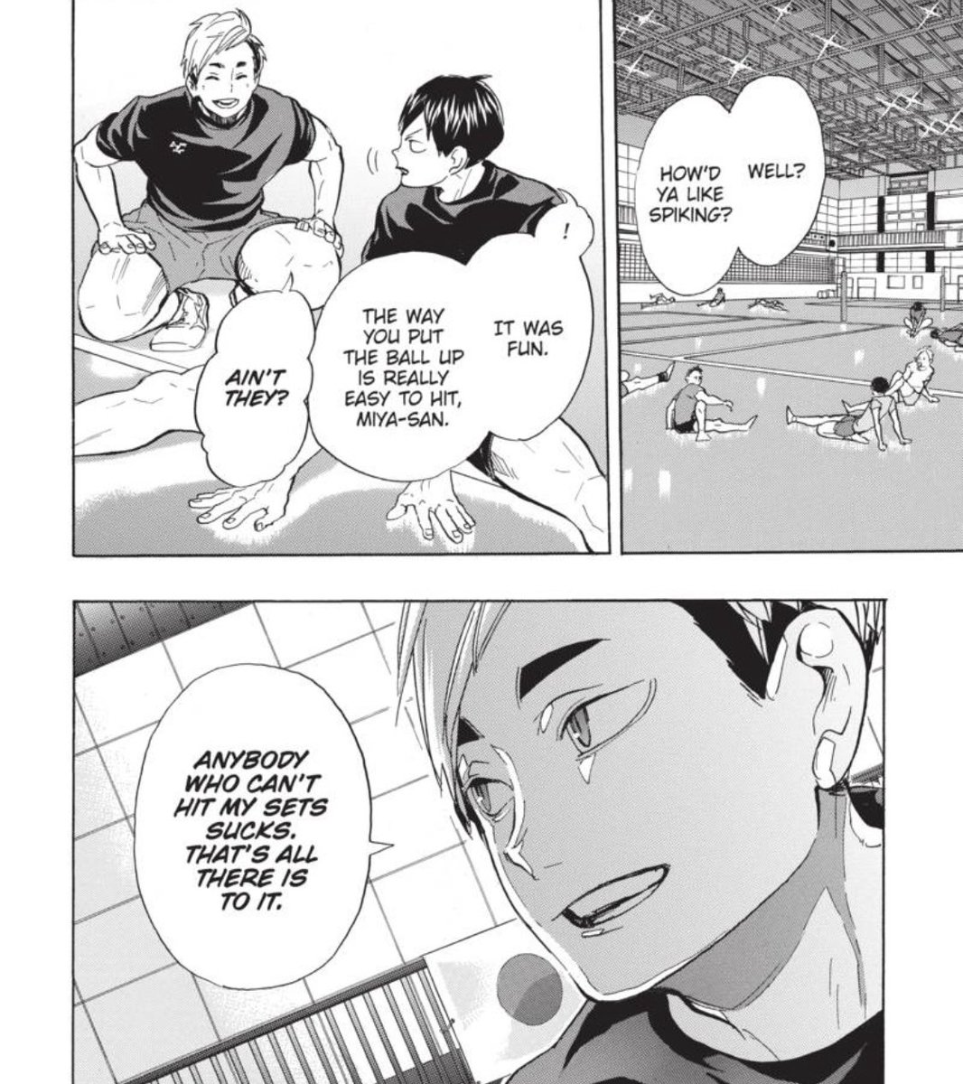 to put it simply, i summed up their recurring mottos as follows:oikawa: pull 100% out of the spikers’ abilitiesatsumu: make the ball as easy to hit as possible (and anyone who can’t, sucks)