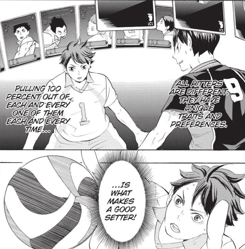 to put it simply, i summed up their recurring mottos as follows:oikawa: pull 100% out of the spikers’ abilitiesatsumu: make the ball as easy to hit as possible (and anyone who can’t, sucks)