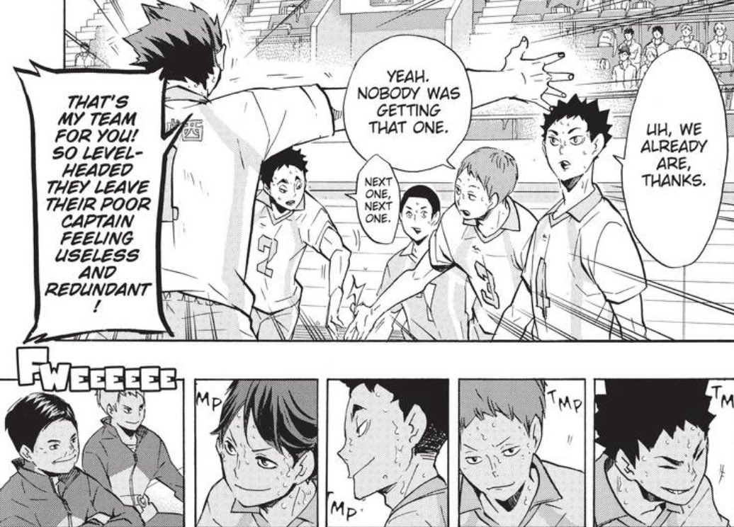 so let’s start with faith. one of oikawa’s consistent pre-match prep routines is to tell his team he has faith in them. when he does this, we are told from the coach that his team has equal faith in him back. now i could be extrapolating here but given his overall character+
