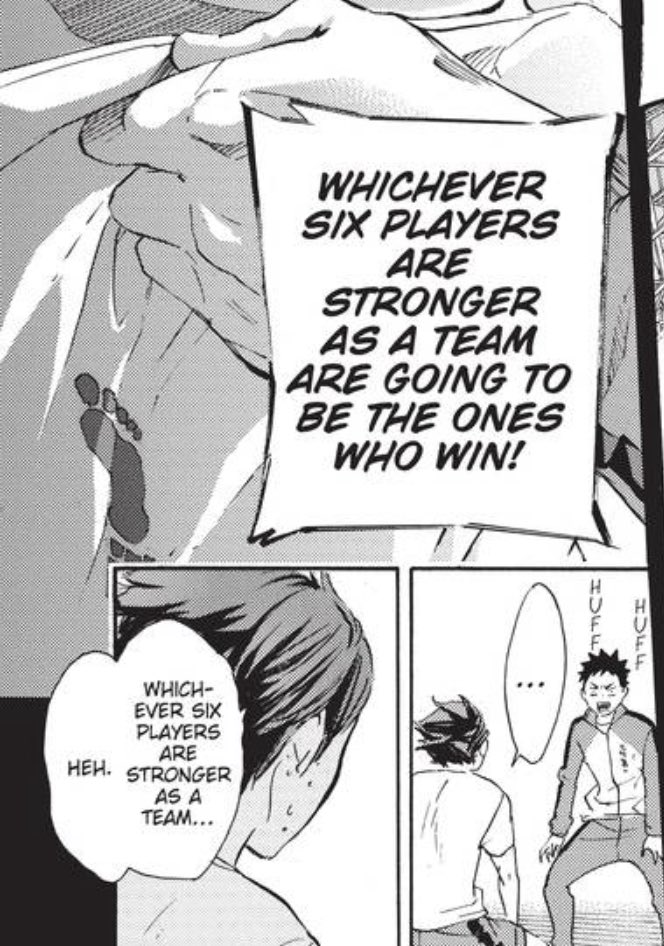 this is also why when iwa scolds him, the main quote that snaps oikawa back to clarity is “whichever 6 players are stronger will win!” note that the word he uses in reply is INVINCIBLE. he needs his team’s morale to be his own — the patch up to his gaping holes of insecurities