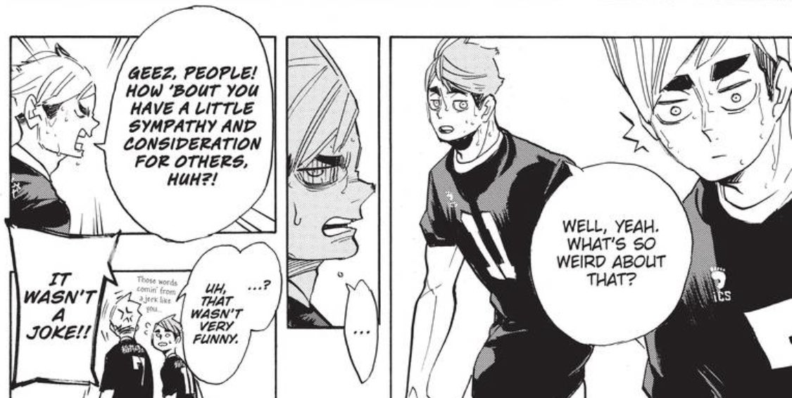 confident atsumu pairs his ability with expectation. it’s partially bc he has osamu. as carbon copies since birth, they‘re used to EXPECTING the other - a trait atsumu often finds lacking in other (more average) ppl. this is why he admires hinata for being a spiker who EXPECTS.