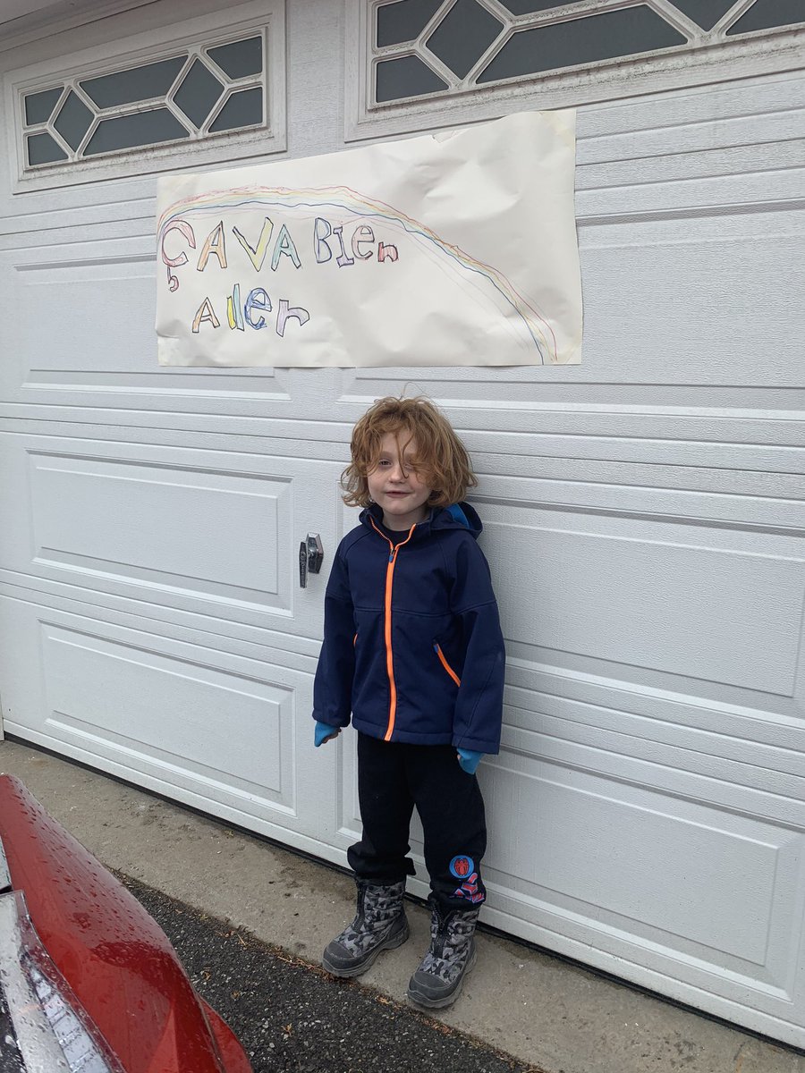 cryslogan's tweet photo. Waiting yesterday for his teacher to do a drive by to see his sign and to see hers. Such a great idea and a great break to a grey day! @jockvale @OCDSB #aboveandbeyond #socialdistancing #learningfromadistance https://t.co/l5BtJW9wDr