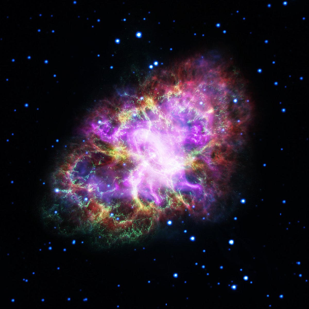 A multi-wavelength composite of the Crab Nebula.Image: NASA, ESA, G. Dubner (IAFE, CONICET-University of Buenos Aires) et al.; A. Loll et al.; T. Temim et al.; F. Seward et al.; VLA/NRAO/AUI/NSF; Chandra/CXC; Spitzer/JPL-Caltech; XMM-Newton/ESA; and Hubble/STScI