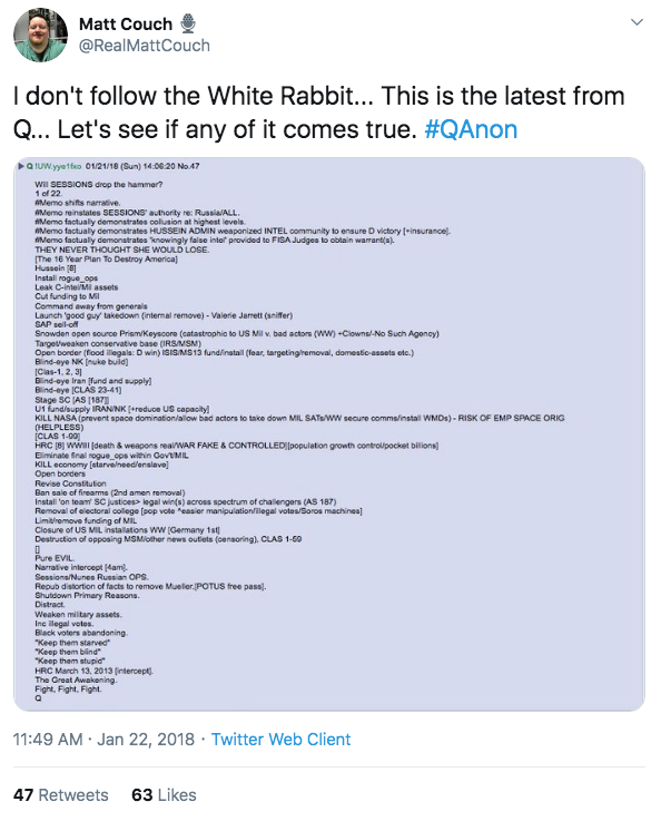 Trump tonight retweeted Matt Couch, who has previously directly pushed QAnon content. https://twitter.com/AlKapDC/status/1246643248795394059