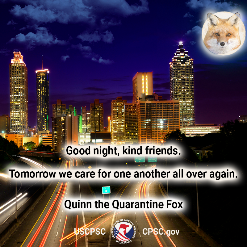 A fox in the moon over atlanta. The text reads: good night, kind friends. Tomorrow we care for one another all over again.