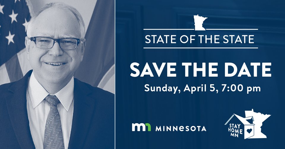 GovTimWalz's tweet photo. Hey Minnesota, my second State of the State address is tomorrow! I’m looking forward to addressing Minnesotans about how we’re going to get through this unprecedented crisis as #OneMinnesota. Tune in at 7pm. #MNSOTS https://t.co/1ABuA40MAZ