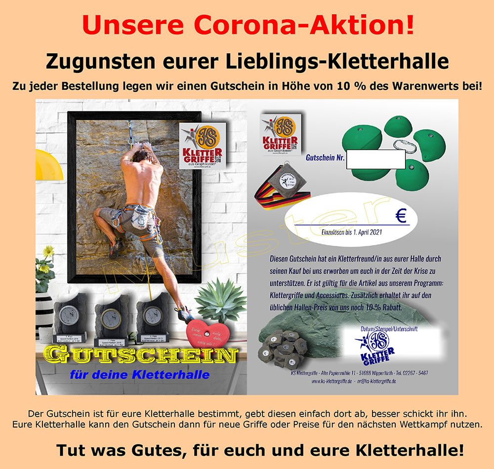 Corona-Aktion zugunsten Eurer Lieblings-Kletterhalle. 
ks-klettergriffe.de