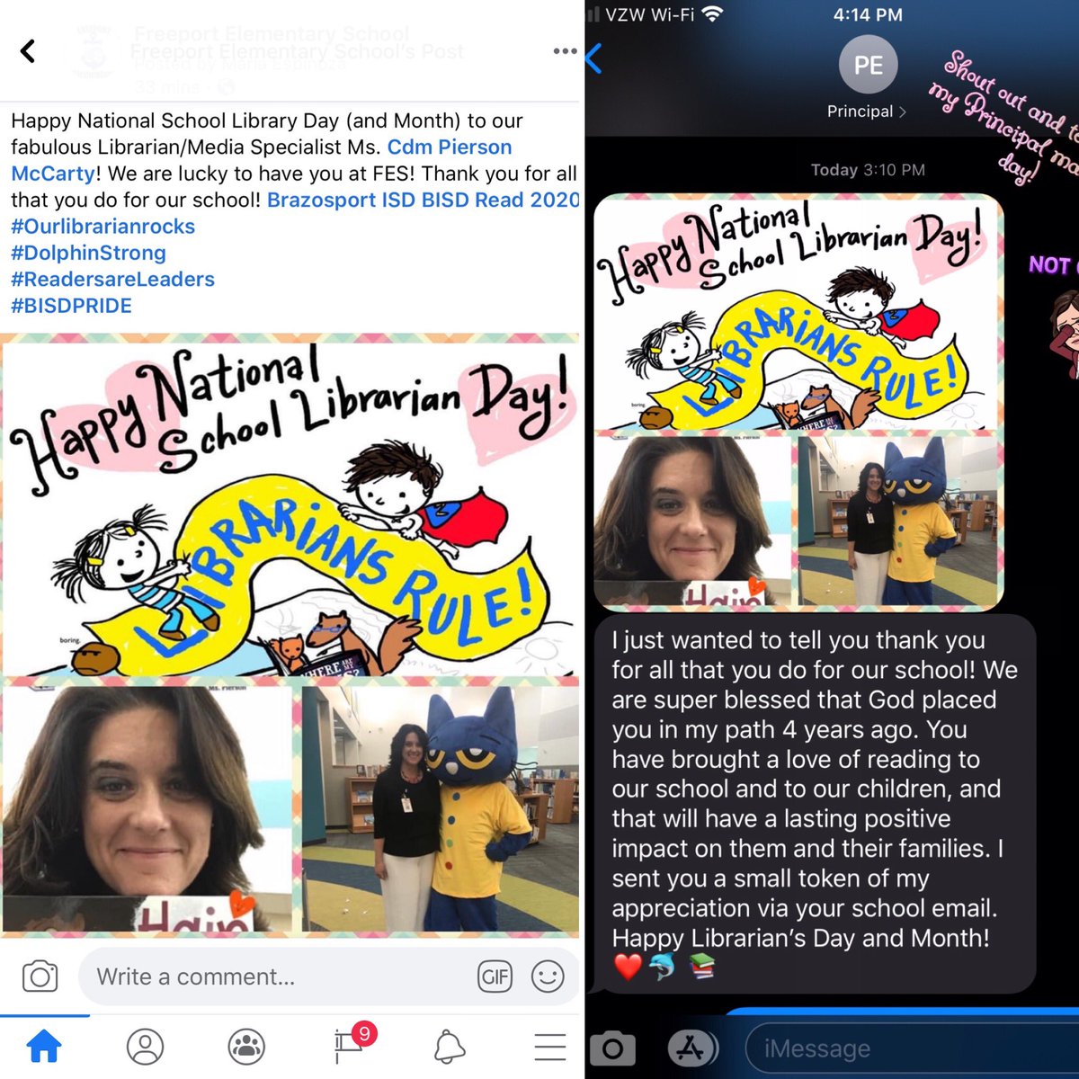 MsPlovesbooks16's tweet photo. Thank you to @MariaMespinoza for the shout out today on our Facebook page & sweet texts. I am privileged to serve my students and campus at #Freeportelem. Happy School Librarian Day to me. #BISDpride https://t.co/O4Bjvye4Ld