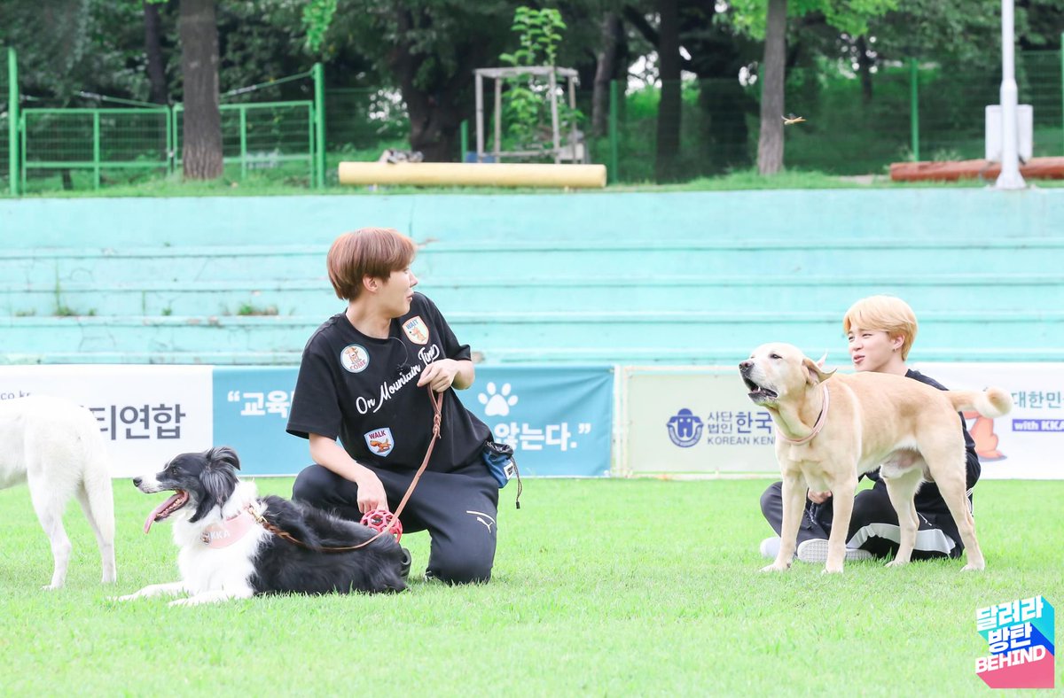 He looks so happyy running with the dog!! I love seeing him filled with joy!  Ha ha Jimin's dog is barking at him in the last one lol  #제이홉  #JHOPE  #방탄소년단제이홉
