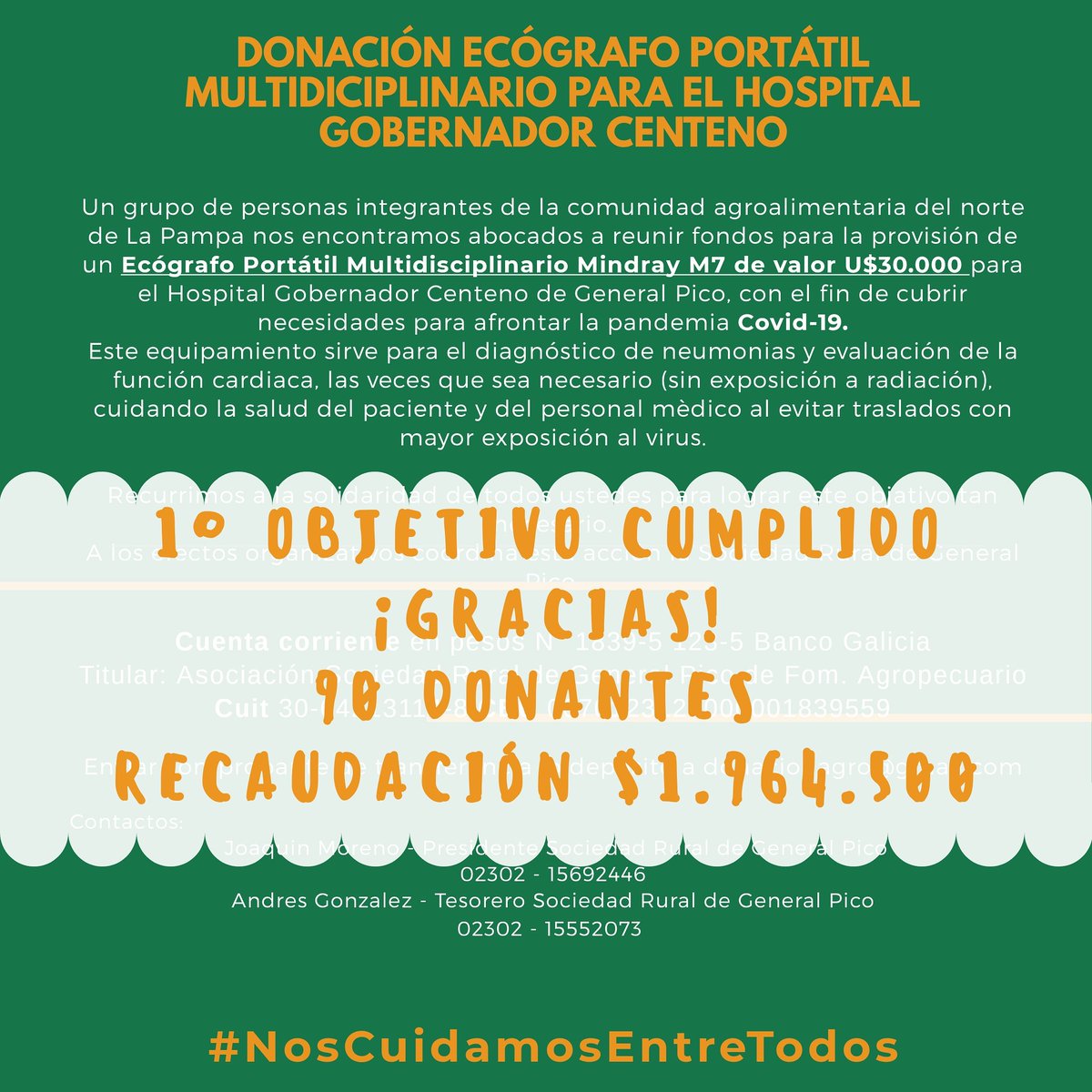 1° Objetivo Cumplido
¡GRACIAS!
@cooperadorahospitalcenteno❤

#NosCuidamosEntreTodos #campo #solidaridad #generalpico