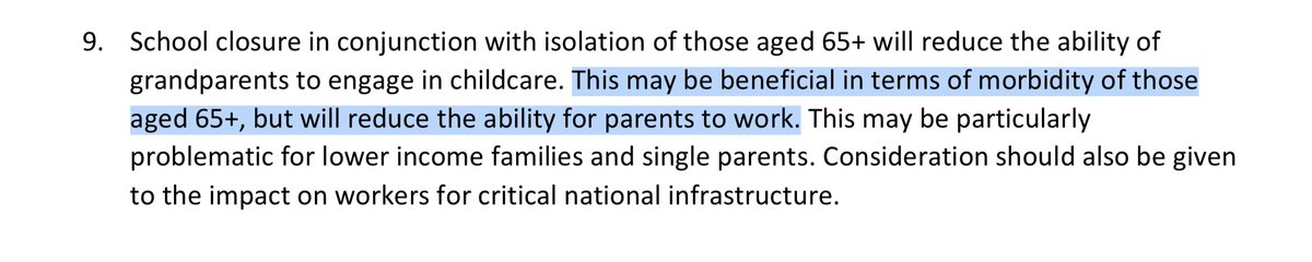 17. First of all, this (in pic).How can these incommensurate values be put in balance:LIVES of 65+ vs ability of parents to go to work.Of course, when closure was decided, relevant children (eg those whose parents were critical workers) were allowed to continue to go to school