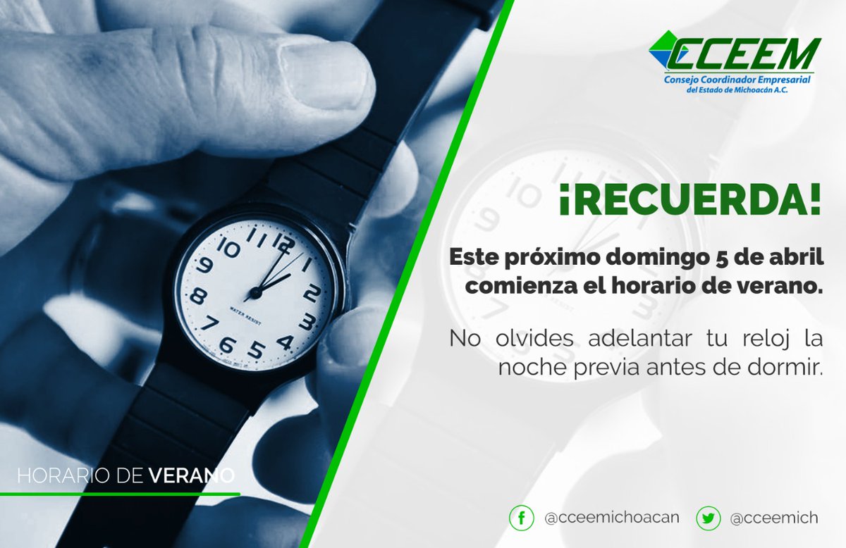 Mañana 📅 5 de #abril, recibimos el #HorarioDeVerano.

¡No olvides adelantar tu reloj antes de dormir!