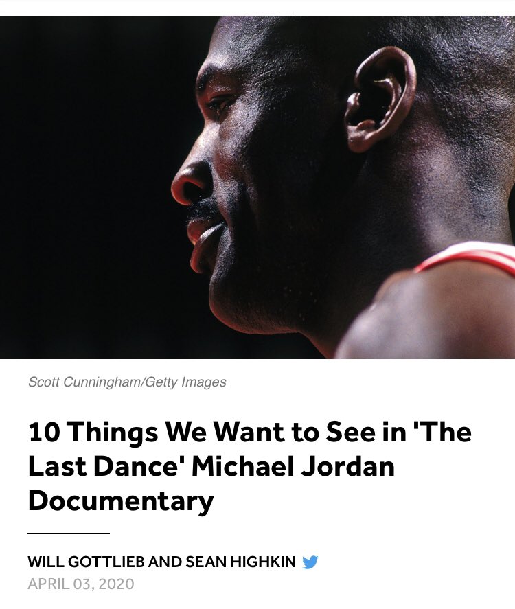 16 things three Bulls fans want to see in  #TheLastDance.10 from  @highkin &  @wontgottlieb:  https://bleacherreport.com/articles/2884406-10-things-we-want-to-see-in-the-last-dance-michael-jordan-documentary6 from me:  https://readjack.substack.com/p/6-things-i-want-to-see-in-the-last