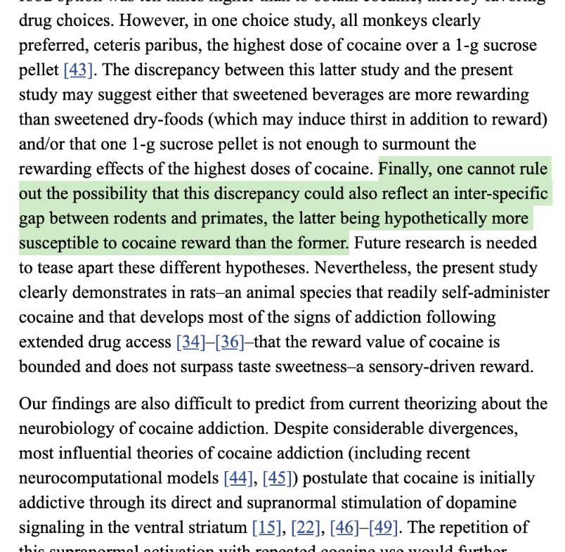...as usual, it's important to dig deeper. First, the study itself concluded "that intense sweetness can SURPASS cocaine reward", not that "sugar IS a drug" like cocaine, an important distinction. Also, it was a rat study, in primates results have been different...