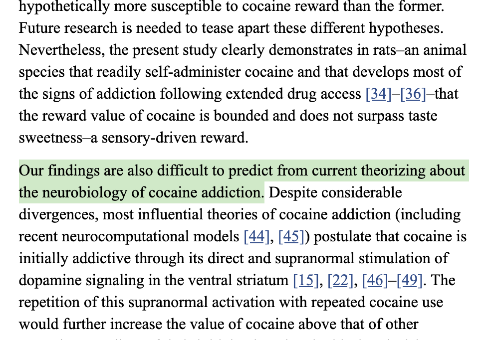 Also, it's a mistake to make presumptions about the nature of cocaine addiction in the rats and in humans as the text highlighted indicates. In other words they may not being getting the party town high from cocaine that we humans do...