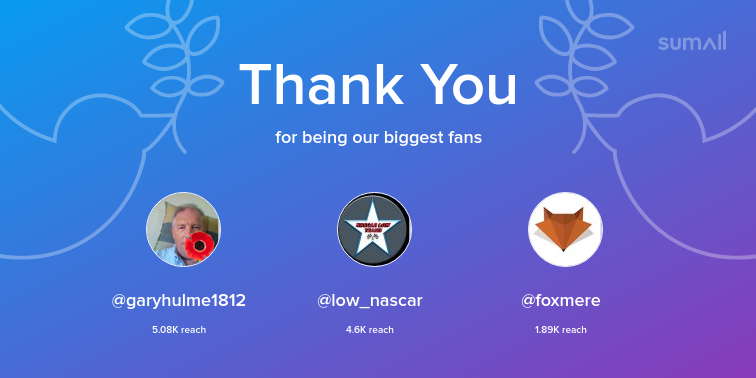 HowdonPower's tweet image. Our biggest fans this week: garyhulme1812, low_nascar, foxmere. Thank you! via sumall.com/thankyou?utm_s…