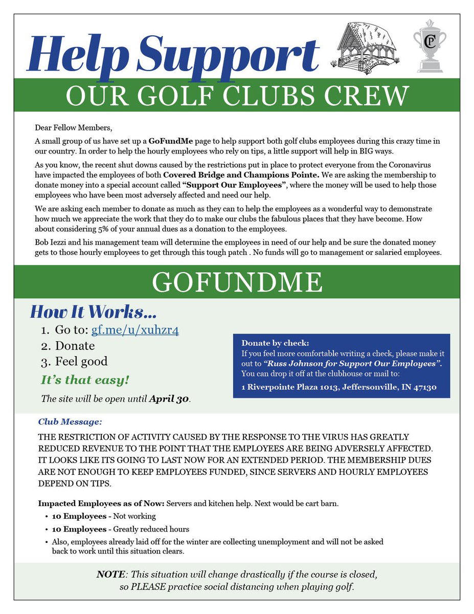 Dear Cherished Members and Friends of Fuzzy Golf of Covered Bridge &amp; Champions Pointe,

We were asked by a few special members to pass on the attached message to our community at large. 
gf.me/u/xuhzr4