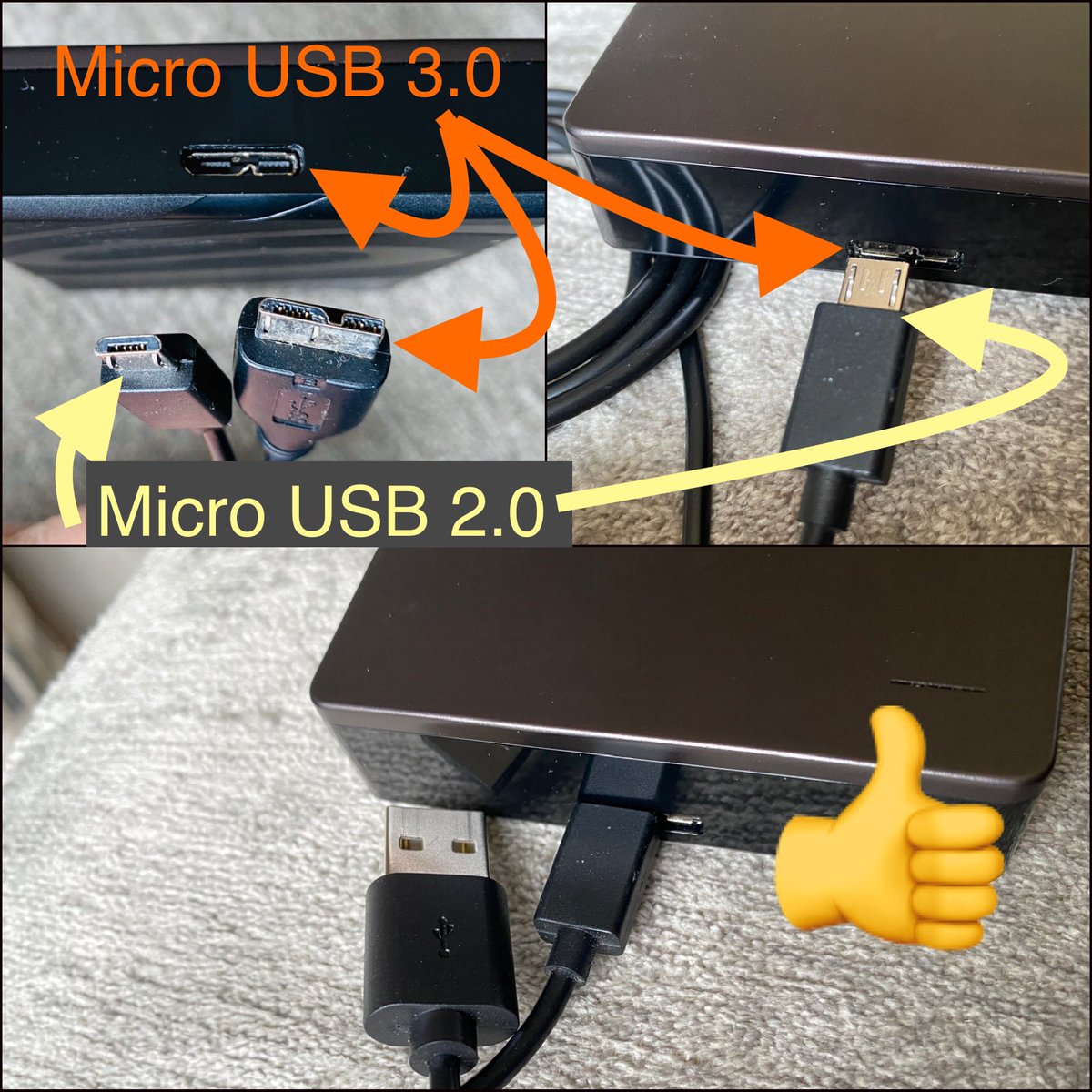 _MG_'s tweet image. Can’t find the right cable? The fact that you can use a Micro USB 2.0 cable on devices with a 3.0 port always blows minds when I show people. So here you go! 

(Yes the speed will be limited to 480mbps, but a lot of times people don’t care)