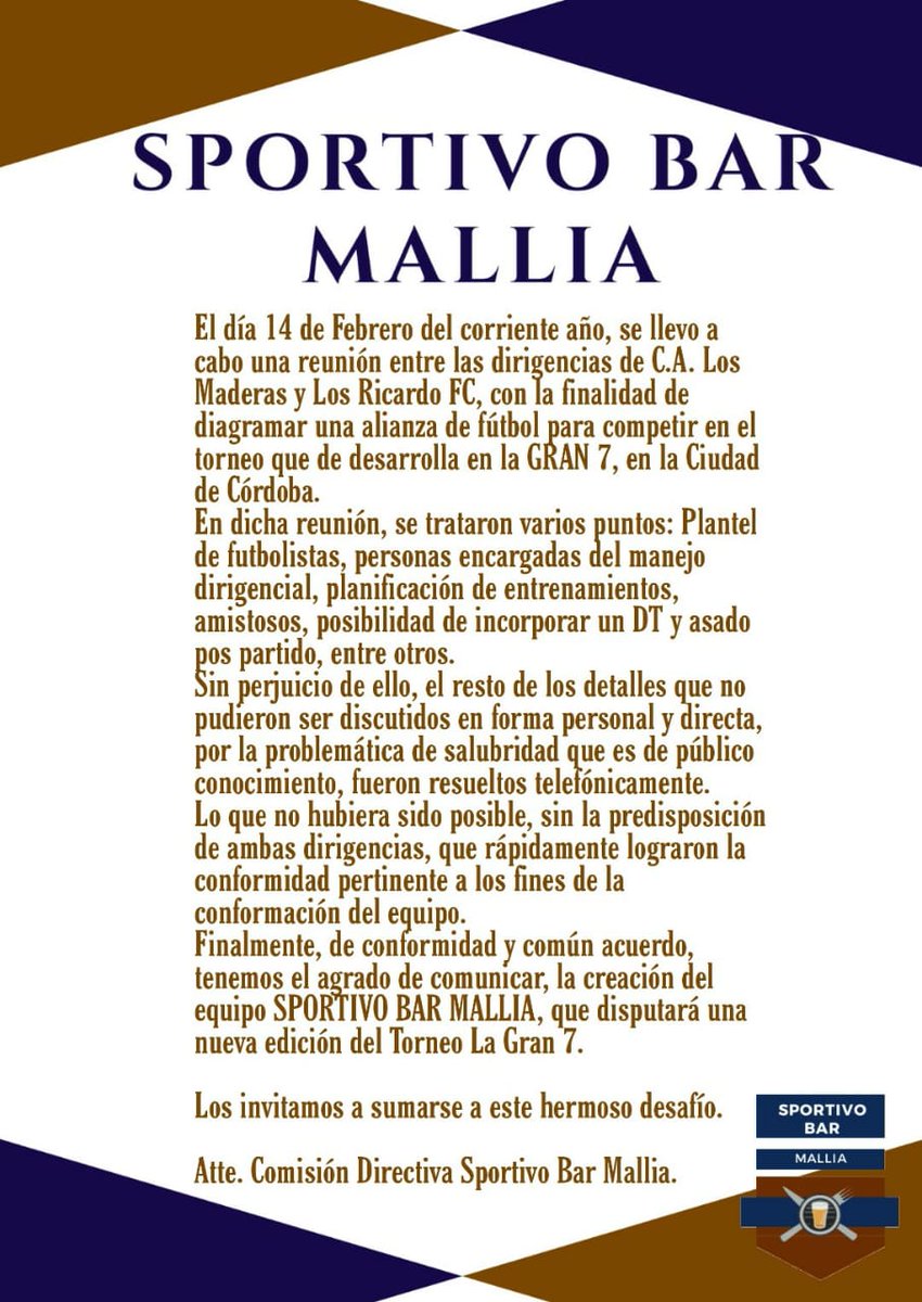 NUEVOS DESAFIOS 

SPORTIVO BAR MALLIA

<a href="/LosMaderas/">Club Atlético Los Maderas</a> <a href="/LosRicardosFC/">Los Ricardos FC</a>

#SportivoBarMallia #HalaRichard #ViscaMadera